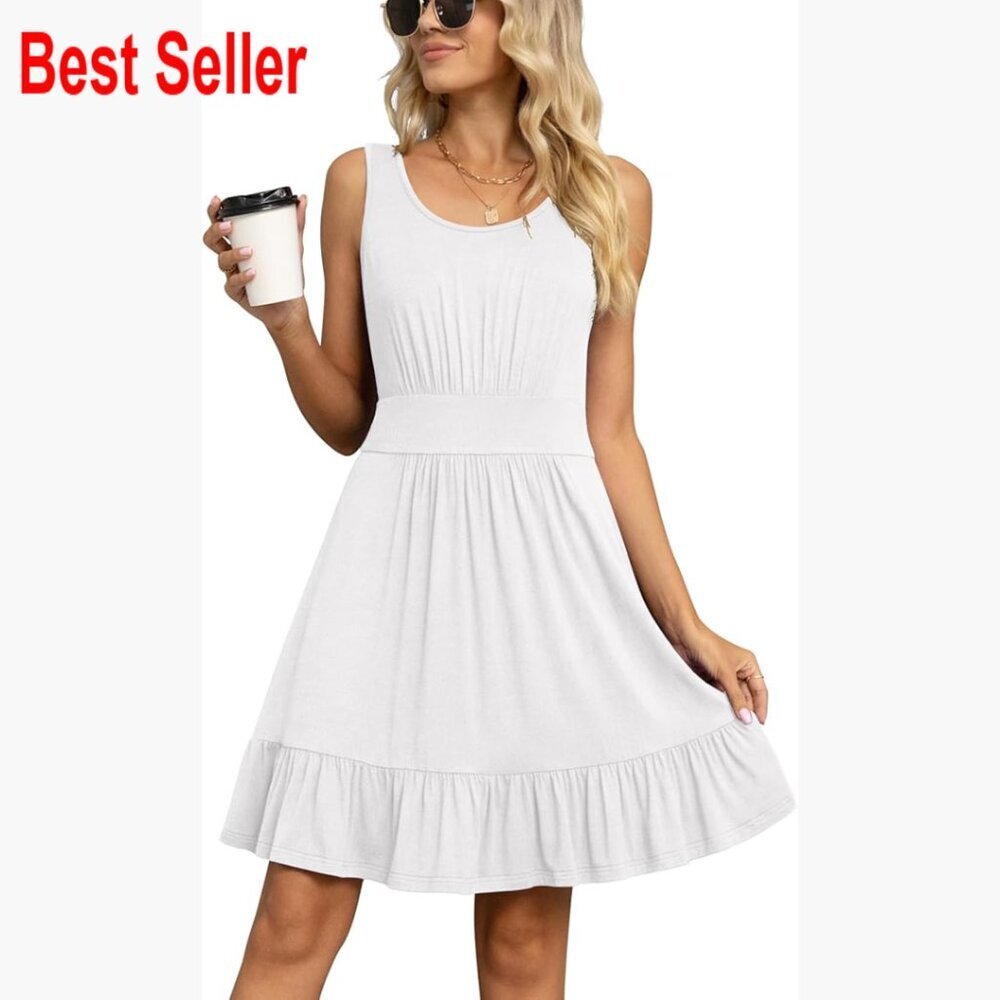 Rayon Spandex U-Neck Sleeveless Pleated Sundress Knee Length